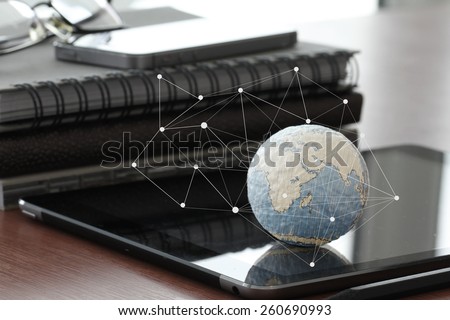 hand drawn texture globe with blank social media diagram on digital tablet computer as internet concept and bokeh exposure