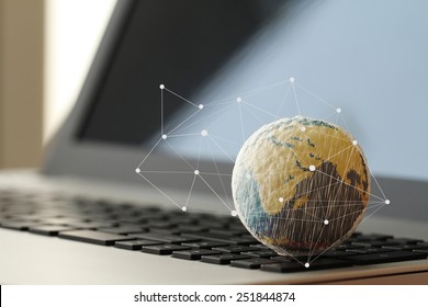 Hand Drawn Texture Globe With Social Media Diagram On Laptop Computer As Internet Concept