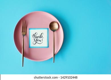 Hand Drawn Thank You Card On Plates. Meals Preparation. Thanksgiving Concept.        