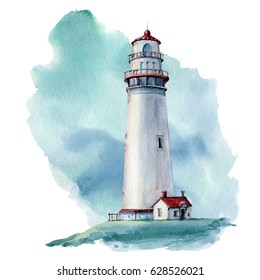 hand drawn watercolor lighthouse illustration. It's perfect for card, postcard, poster, banner.