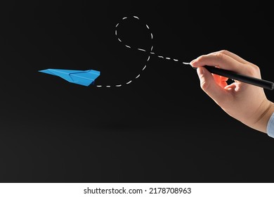 Hand Draws A Trace Of A Paper Plane. Concept Of Ingenuity, Creativity.