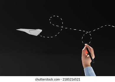 Hand Draws A Trace Of A Paper Plane. Concept Of Ingenuity, Creativity.