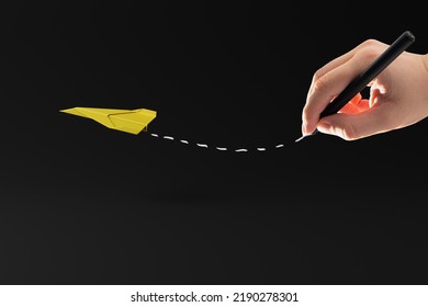 Hand Draws A Trace Of A Paper Plane. Concept Of Ingenuity, Creativity.