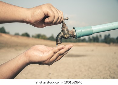 Hand For Drinking Water To Live Through Drought, Concept Drought And Crisis Environment.