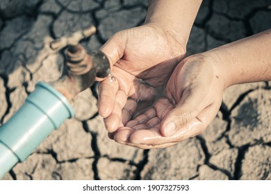 Hand For Drinking Water To Live Through Drought, Concept Drought And Crisis Environment.