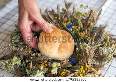 The hand of an elderly woman puts a small bread into a harvest wreath. Older woman is preparing Polish harvest wreath for harvest fest. Wreath is made of wheat, oat, linen, wild herbs and wildflowers.