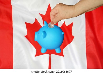 Hand Of Elderly Woman Putting Coin Into Piggy Bank On Canada Flag Background. Hand Putting Coin To Piggy Bank. Retirement Savings, Piggy Bank. Concept Saving Money And Retirement Fund In Canada