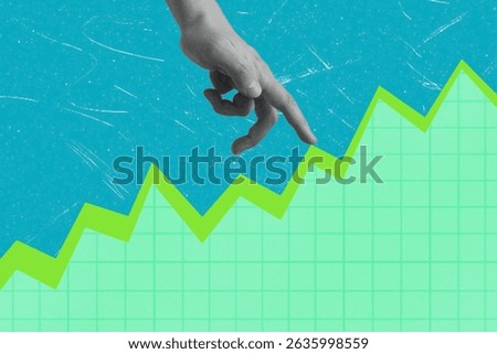 A hand elegantly points at a rising graph with green peaks against a blue background. This visual represents financial progress and strategic gains in business.