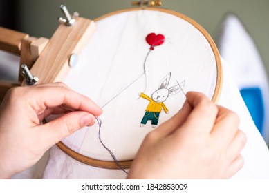 Hand Embroidery Of Funny Rabbit With Balloon