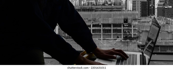 Hand Of Engineer Using Laptop, Chart Checking Quality Material Production Analyzing Working In Construction Site.