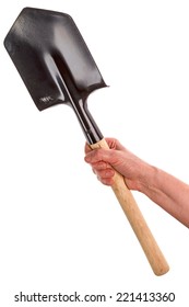 Hand With Entrenching Shovel  Isolated On A White Background