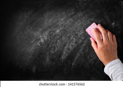 Hand with eraser erases the chalkboard