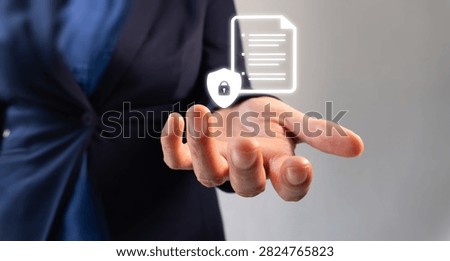 Hand extends forward, offering digital security. Document icon floats above palm, symbolizing protection. Secure data transfer implied, trust emphasized. Ideal for tech, finance