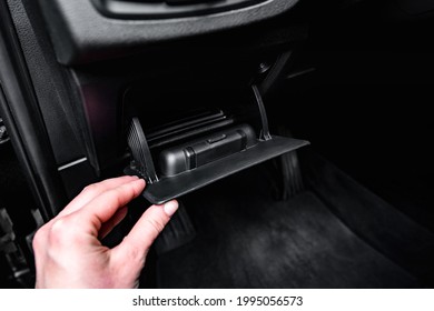 Hand Female Open Glove Compartment Box Inside Car.