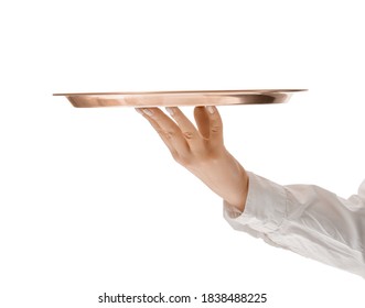 Hand of female waiter with empty tray on white background
