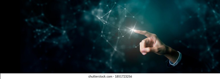 Hand finger click on digital technology cyber space, futuristic smart digital solution internet of thing wireless connecting. - Shutterstock ID 1851723256