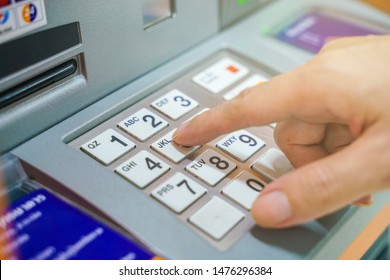 Hand Finger Entering On Pin Pad Of ATM Pass Code Business Finance