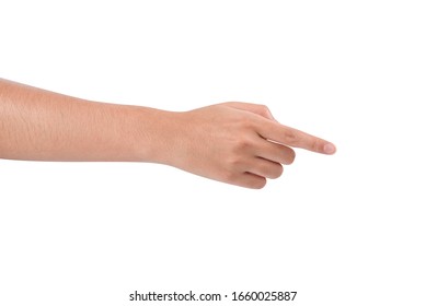Hand finger pointing, touching or pressing on isolated white background