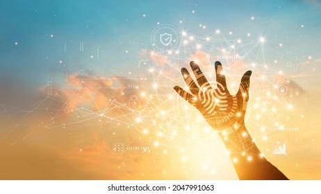 Hand with fingerprint identification to access personal business data. Idea for E-kyc (electronic know your customer). Biometrics security. Technology intelligent safety and cyber secure data exchange