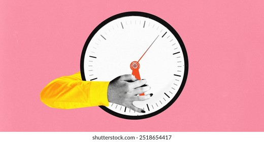 Hand firmly grasping clock against pink background. Urgency and importance of controlling time to stay on top of tasks. Contemporary art collage. Concept of business, time management, deadlines - Powered by Shutterstock