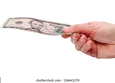 Hand With Five Dollar Bill, Isolated On White Background