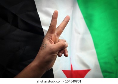 Hand flashes victory sign backdropped by new Syrian flag