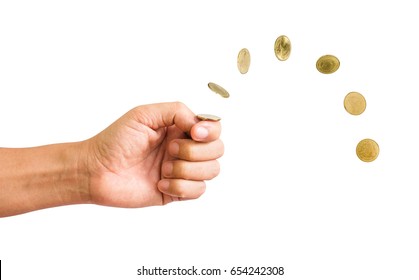 Hand Flip A Coin Isolated On White Background. With Clipping Path