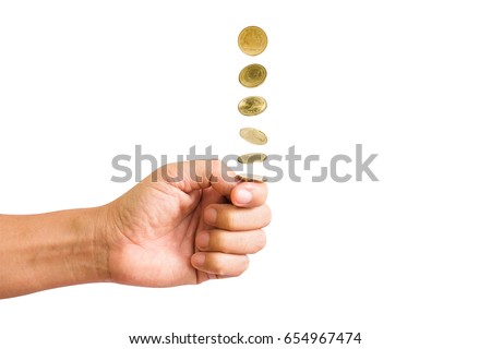 Hand flip a coin isolated on white background. with clipping path