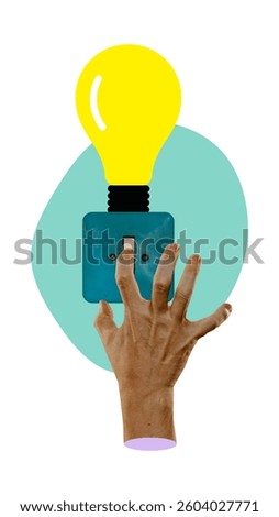 Hand flipping lightbulb switch, triggering new idea, innovation moment, decision-making. Brainstorming. Concept of business, insights, strategic thinking, development and analytics. Contemporary art