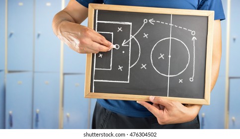 hand of a football coach drawing a tactics of soccer game  with white chalk on blackboard at changing room - Powered by Shutterstock