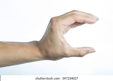 Hand forming C shaped, holding something on white background