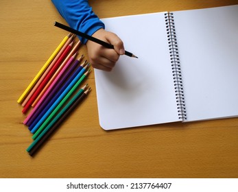 Hand Of A Four Year Old Boy Drawing On Blank Page With Colored Pencils