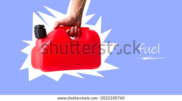hand with fuel can on colorful background. Concept\
fuel, energy, oil