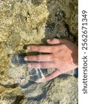 A hand gently touches the surface of clear, shallow water over a rocky seabed