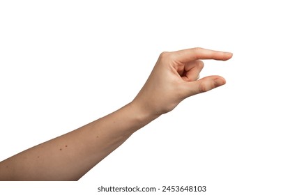 Hand gesture concept. Female arm showing sign, isolated icon of invisible object. Little thumb measure, grab in virtual. Open nonverbal clutch, catch. Adult person, Caucasian, empty business. - Powered by Shutterstock