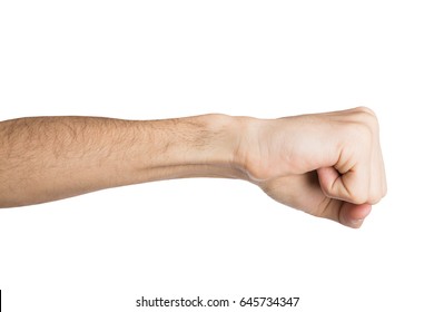 Hand Gesture, Fight Or Punch. Man Clenched Fist, Isolated On White, Close-up, Cutout