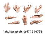 Hand gesture grabbing, fingers and palm open, spread. Reaching to catch, cupped to seize, holding, offering, presenting, showing. Closeup grasp, capture, isolated on white