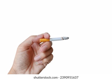 Hand gesture holding cigarette isolated on white background.