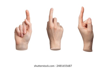 Hand gesture, pointing indicating sign from different views. Pointer isolated on white background, set.