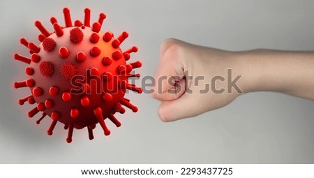 Hand gesture, stop virus. Human hand, fist shows stop to red microbe, virus, bacterium.