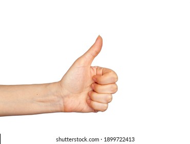 Hand Gesture - Thumbs Up, Isolated On A White Background. The Female Palm Points To Something That Is Empty For Your Design.