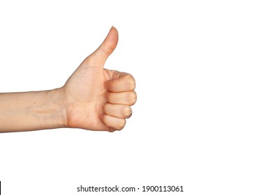 Hand Gesture - Thumbs Up, Isolated On A White Background. The Female Palm Points To Something That Is Empty For Your Design.