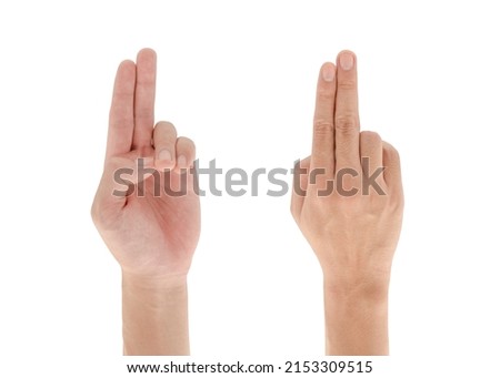 Hand gesture Two fingers up isolated on white background, Clipping path Included.