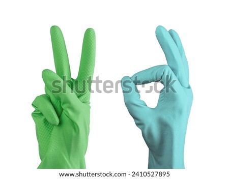 Hand gestures for cleaning service. OK, victory, V sign, isolated on white