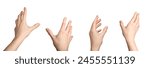 hand gestures, VR using. Palm stretched, fingers positioned for virtual touch. Abstract concept of communication via gestures, motion in isolated VR space. Female hand signals set, clear background.