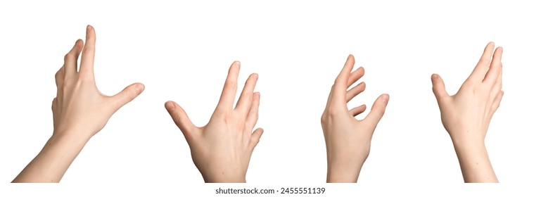 hand gestures, VR using. Palm stretched, fingers positioned for virtual touch. Abstract concept of communication via gestures, motion in isolated VR space. Female hand signals set, clear background. - Powered by Shutterstock