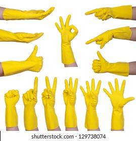 Hand Gestures In Yellow Rubber Glove Isolated On White Background