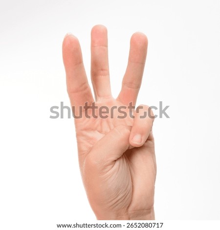 Hand gesturing the number three against a white background.