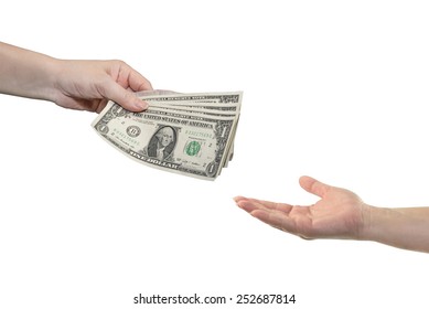 Hand Give Money Dollars On White Background 