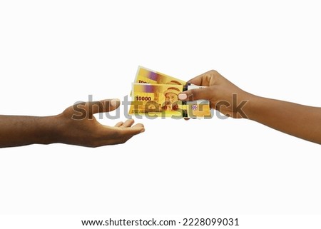Hand giving 3D rendered Comorian franc notes to another hand. Hand receiving money